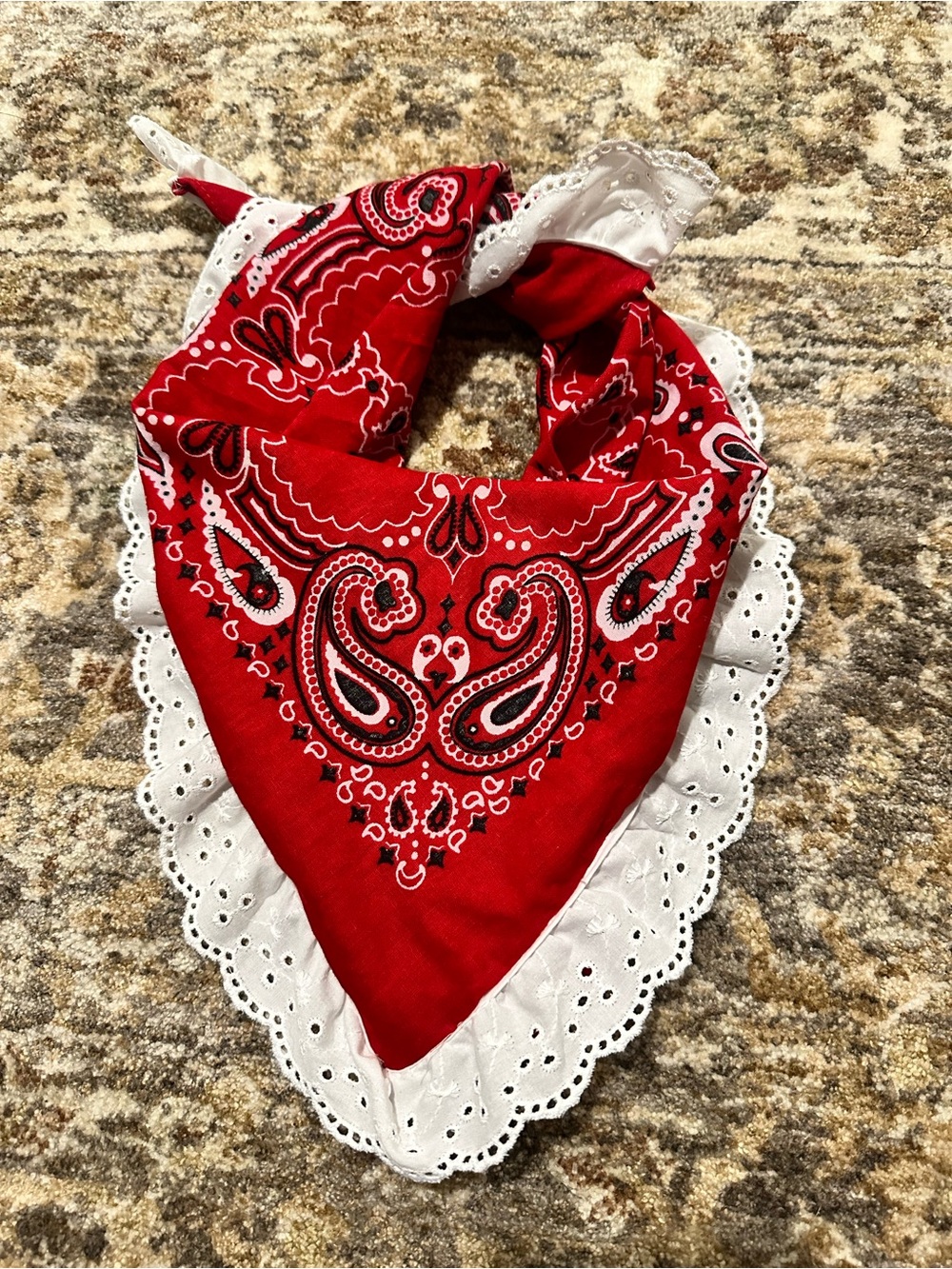 Red Paisley Bandana Scarf with Eyelet Trim